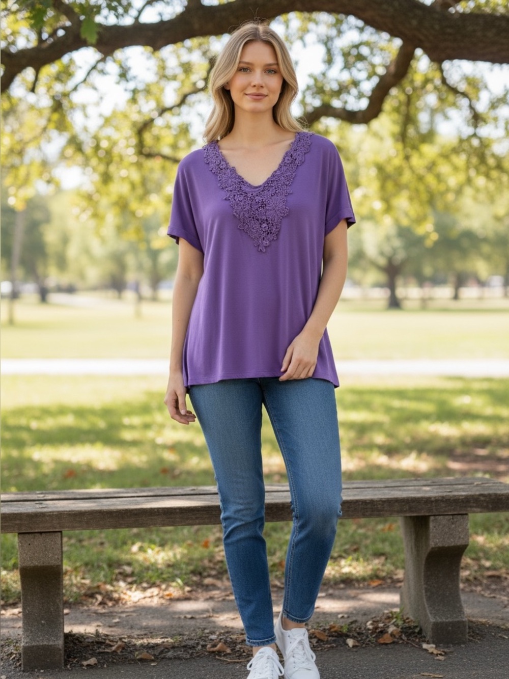 Susan Graver Plus Size 2X Purple V-Neck Lace Medallion Knit Top